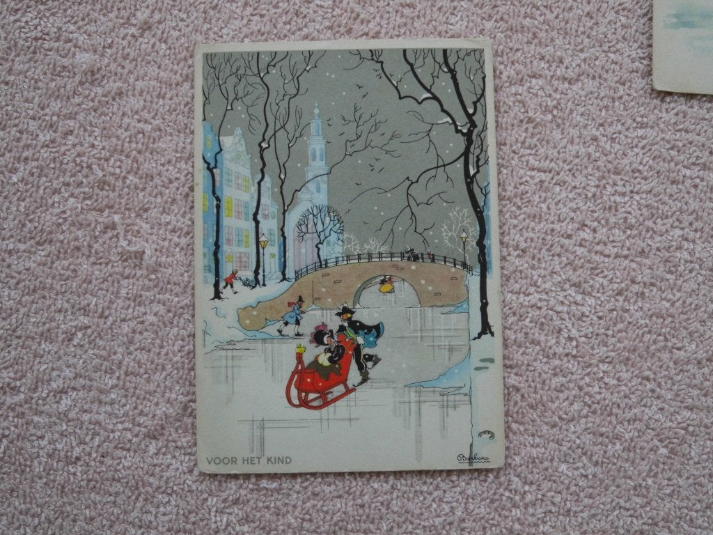 Vintage Ansichtkaart Schaatsen op Gracht - Voor het Kind, Verzamelen, Ophalen of Verzenden, 1940 tot 1960, Gelopen, Stad of Dorp