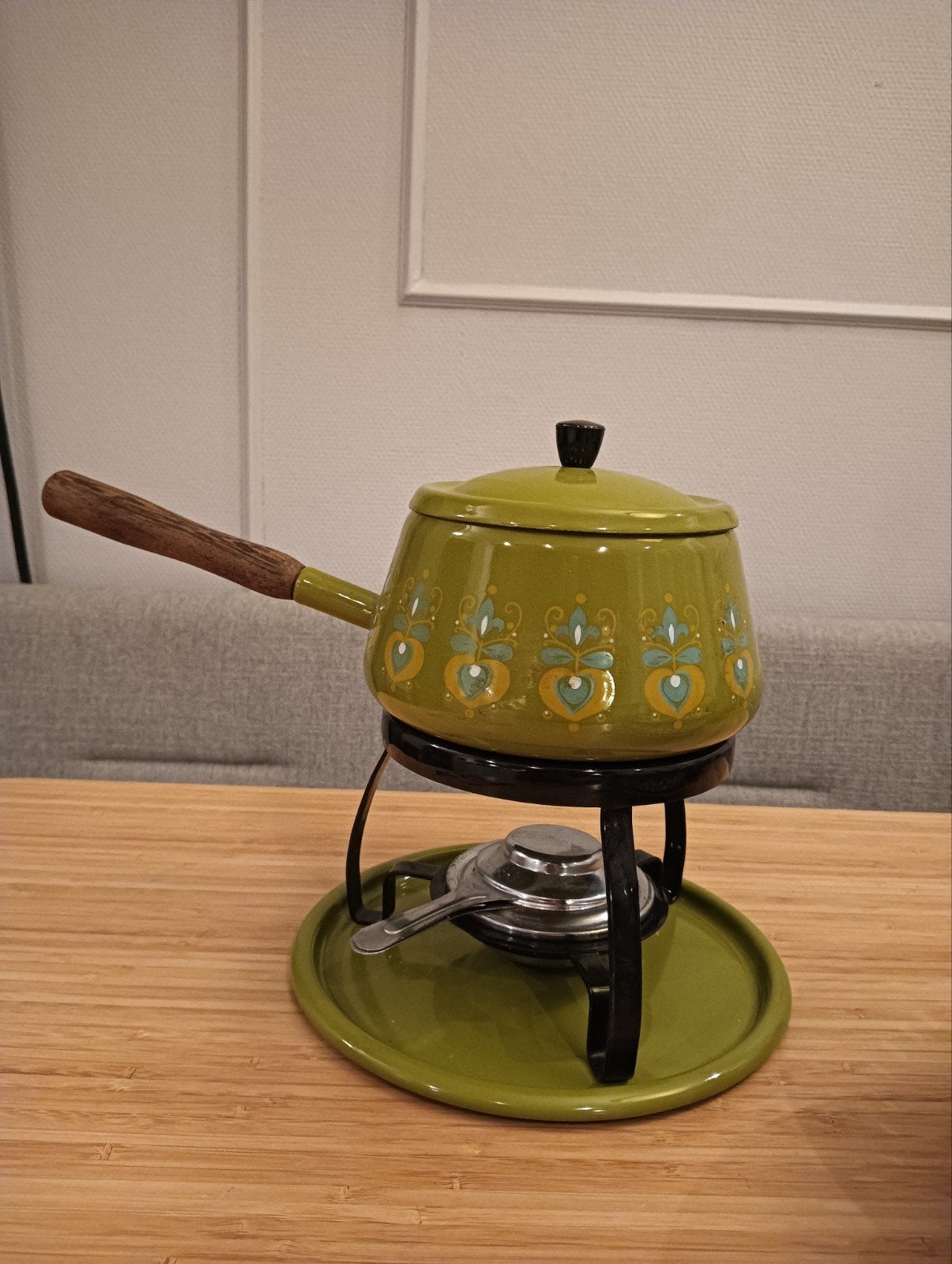 Vintage Groene Fonduepan met Brander - Jaren '70 Stijl, Ophalen of Verzenden, Zo goed als nieuw, Brander, Fondueset