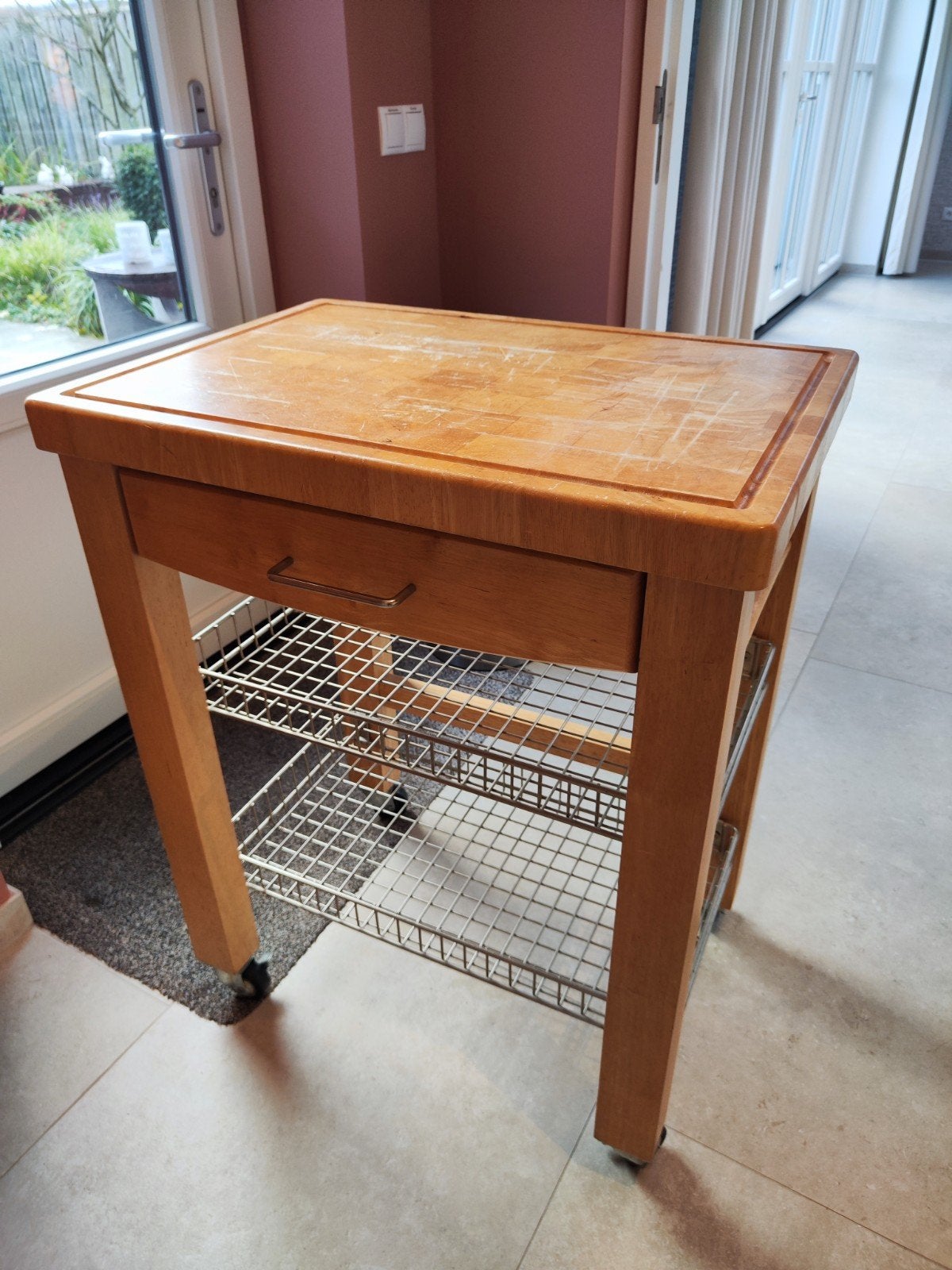 Houten Keukentrolley hakblok met Lade en Rekken, Ophalen, Gebruikt, Hout, Keukentrolley