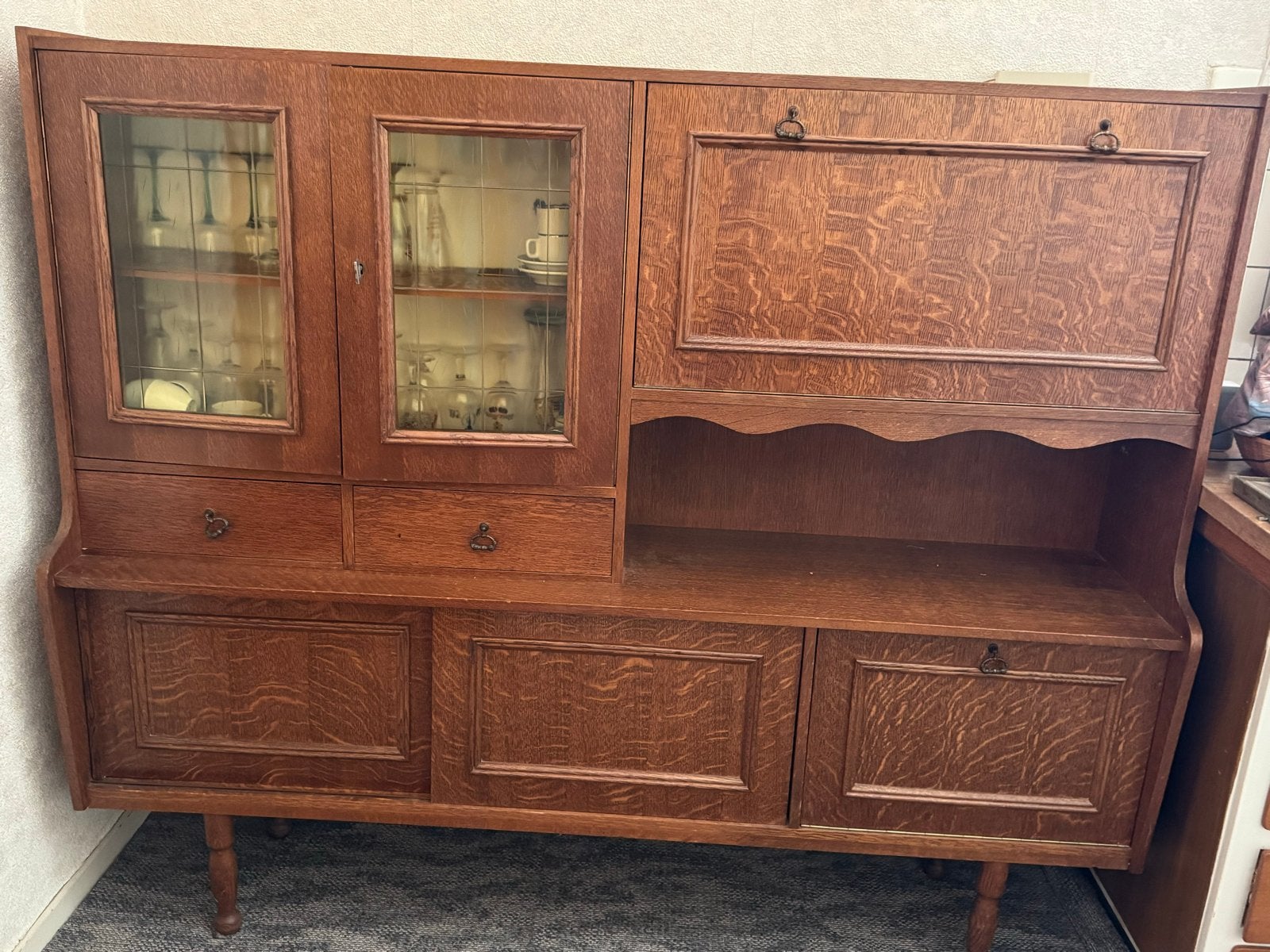 Antieke Eikenhouten Buffetkast met Vitrine en Bureau, Ophalen of Verzenden