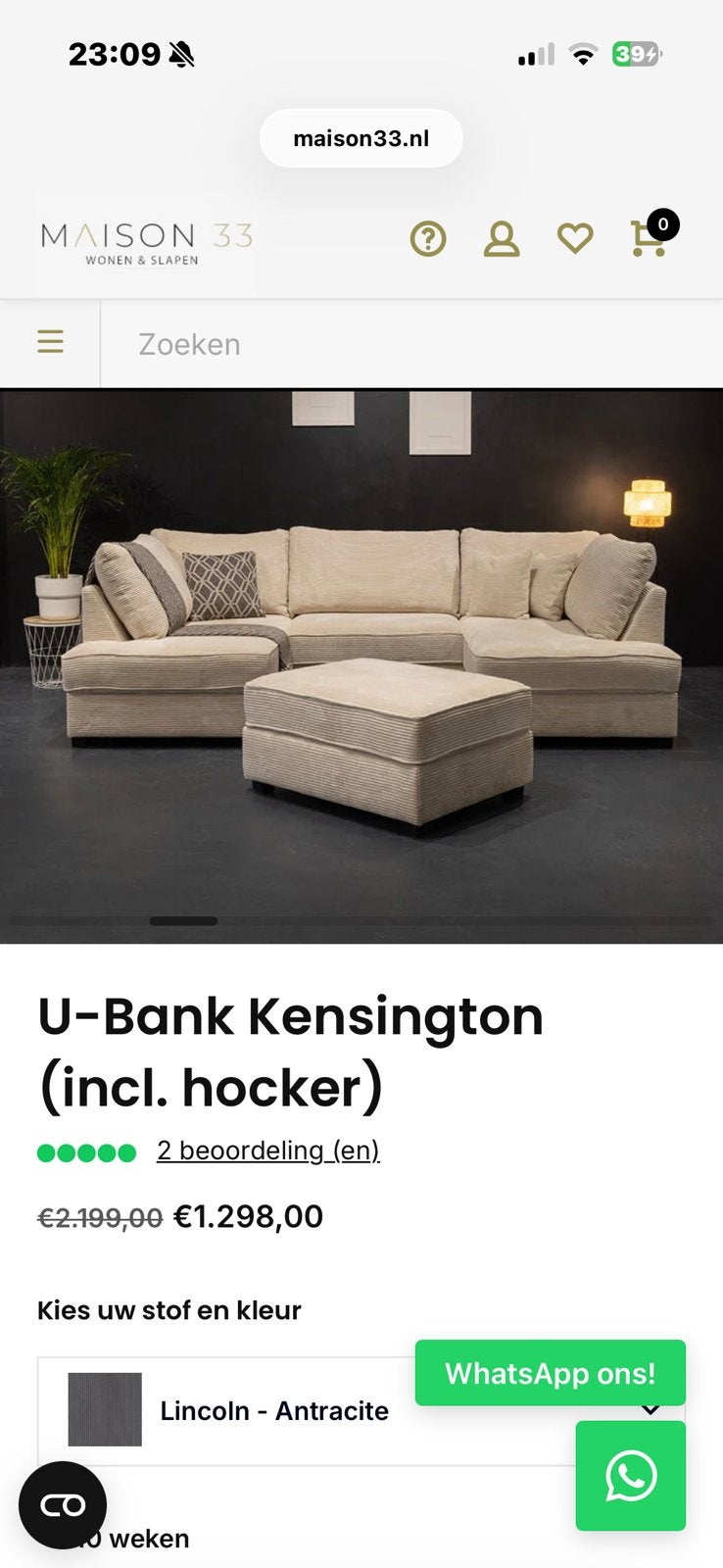 Bank ribstof grijs, Ophalen, Zo goed als nieuw, Vierpersoons of meer, Hoekbank