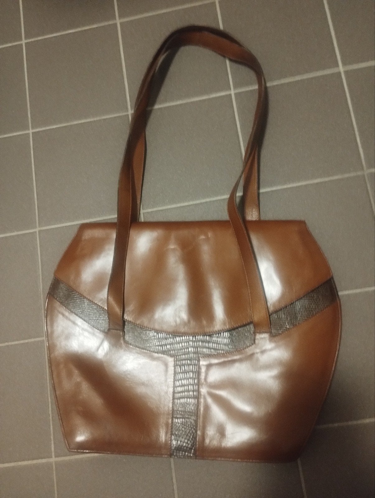Vintage jaren zeventig Pollini leer met lizard damesta, Sieraden, Tassen en Uiterlijk, Ophalen of Verzenden, Bruin, Handtas