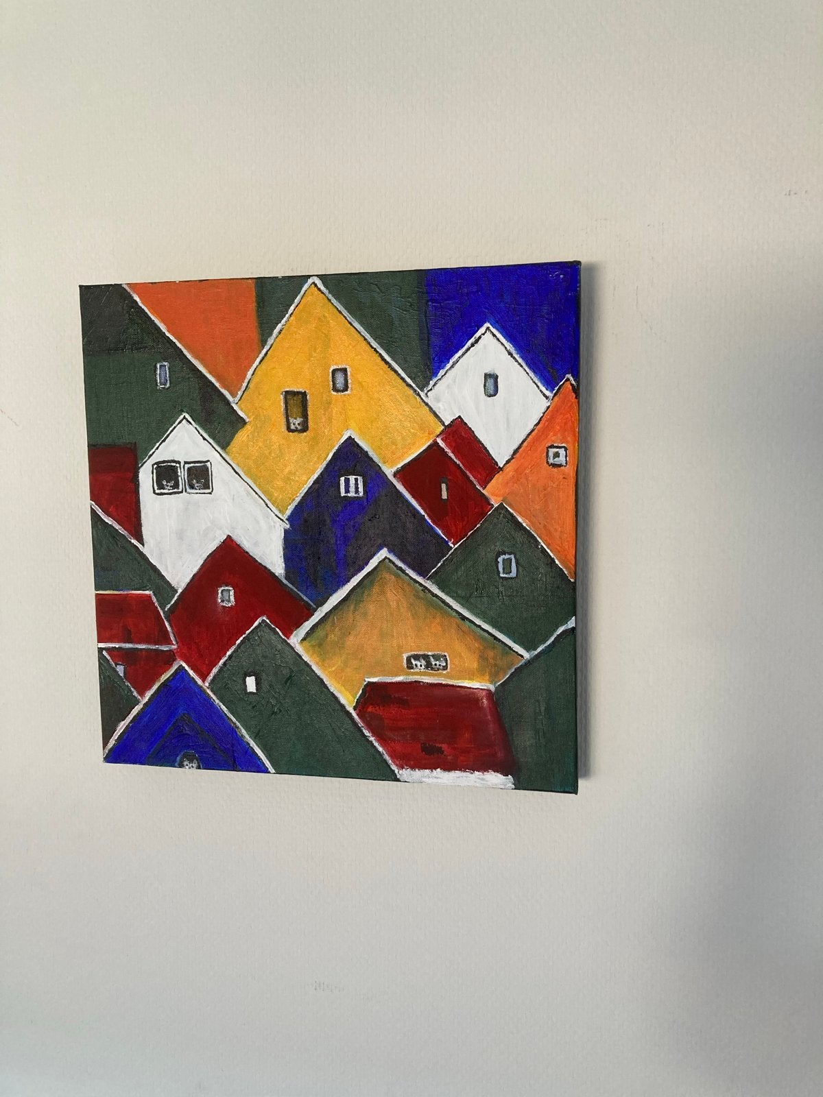 Kleurrijk Stadsgezicht Schilderij - Abstracte Huizen, Antiek en Kunst, Acrylverf, Handgeschilderd, Ophalen of Verzenden, Stadsgezicht