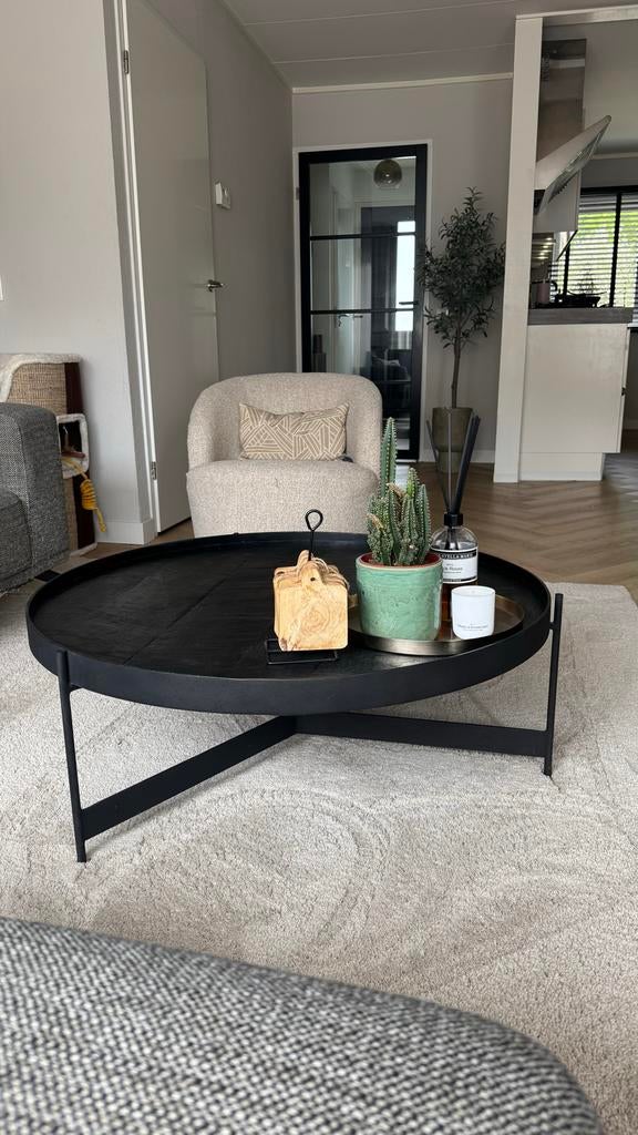 Salontafel Montel - Zwart houten blad, metalen frame, Ophalen, Gebruikt, Rond, 50 tot 100 cm