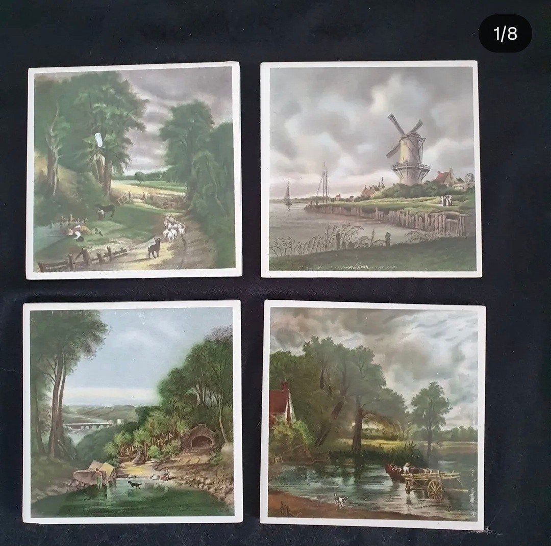 4 vintage tegels Royal Sphinx met landschappen, Antiek en Kunst, Ophalen of Verzenden