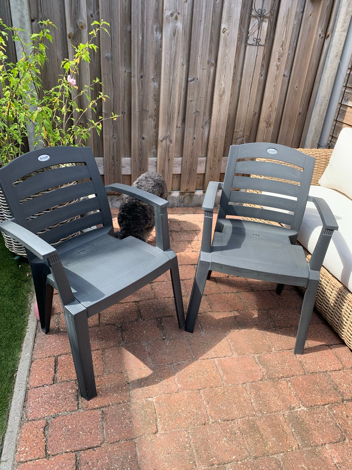 2 Hartman tuinstoelen - Grijs kunststof, Ophalen, Gebruikt, Kunststof, Stapelbaar
