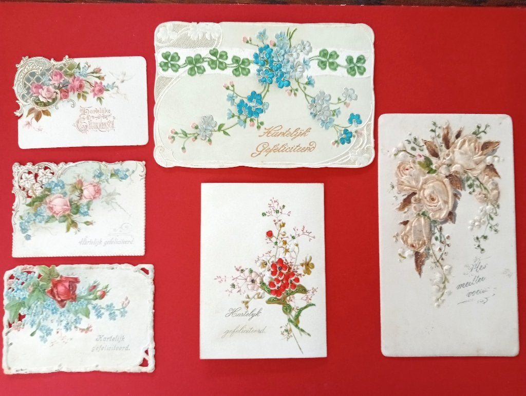 Brocante reliëfkaartjes     6 stuks  begin 1900, Verzamelen, Ophalen of Verzenden, Voor 1920, Overige thema's