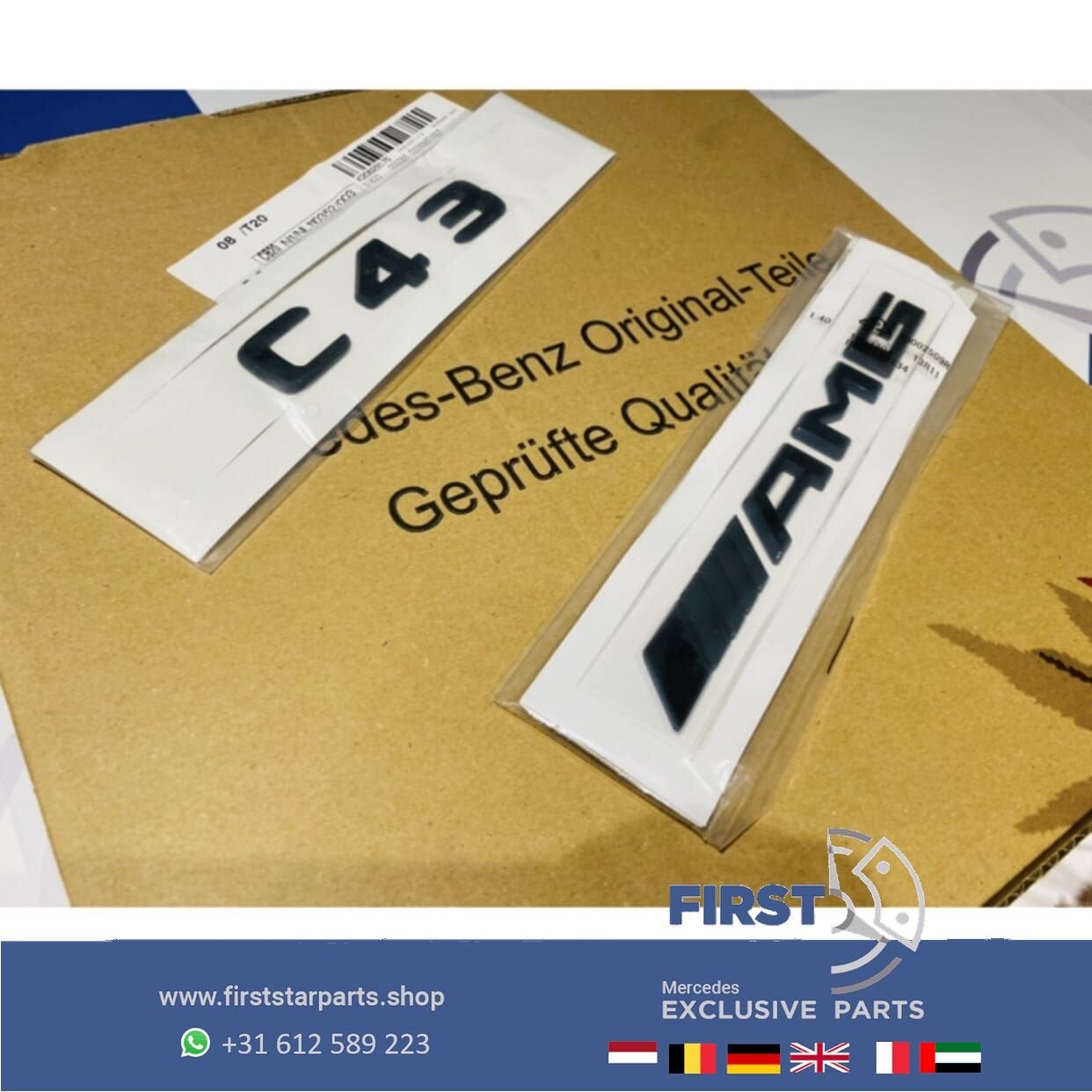 W205 C43 AMG LOGO SET ZWART EMBLEMEN SET Mercedes C KLASSE B, Gebruikt, -, Ophalen of Verzenden, -