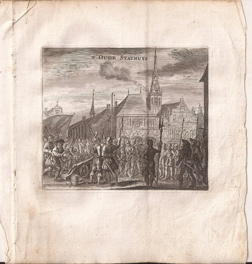 Amsterdam t 'Oude Stathuys, Antiek en Kunst, Kunst | Etsen en Gravures, Ophalen of Verzenden, 11 cm, 1700 - 1799, 12 cm