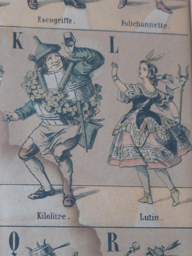 BIJZONDER Antieke Franse prent achter glas ALFABET MASCARADE, Ophalen of Verzenden