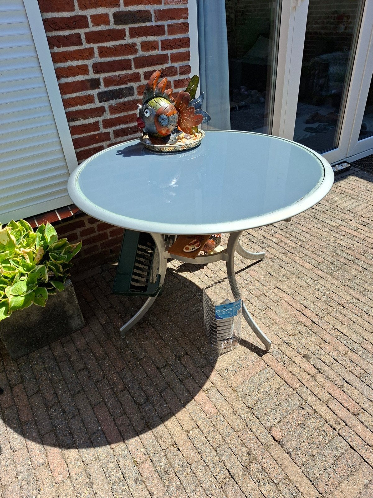 Ronde  tuintafel met glazen blad, Tuin en Terras, Tuintafels, Ophalen, Gebruikt, Rond, Aluminium