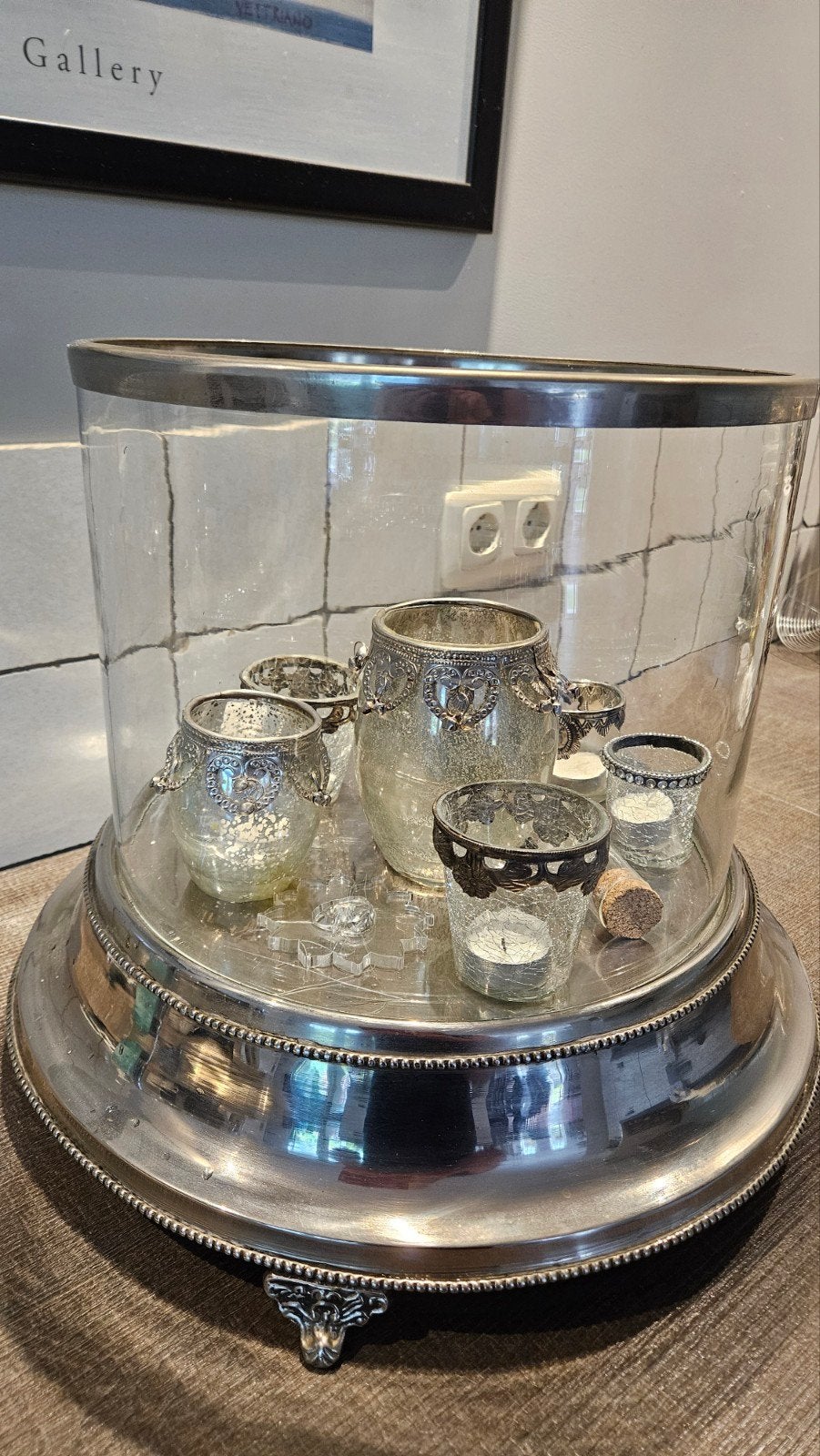 Decoratieve set met glazen stolp en theelichthouders, Ophalen, Overige materialen
