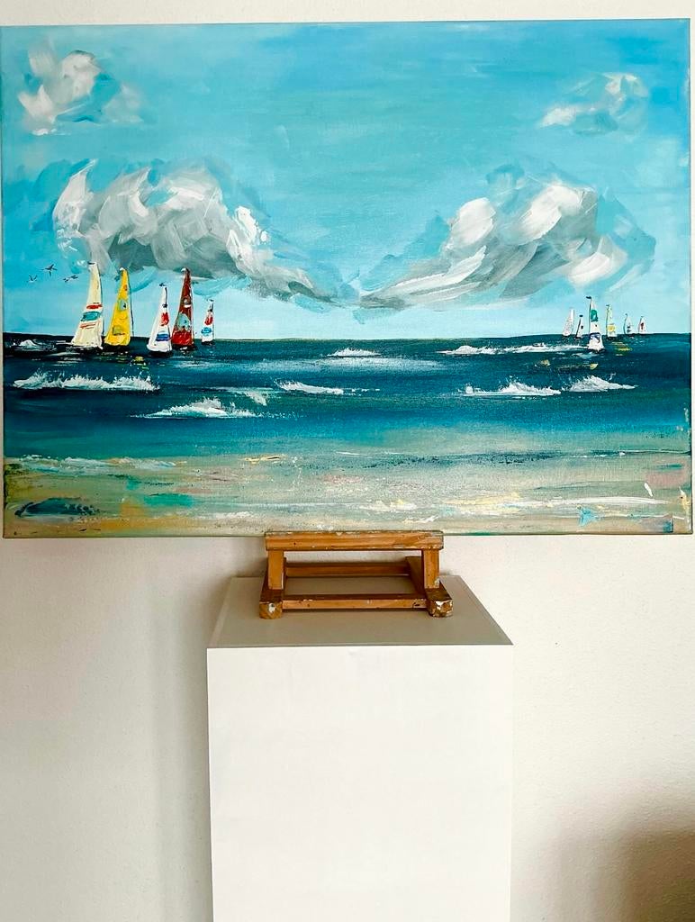 Zeilboot ~ op het water~ zee origineel schilderij ~ atelier, Ophalen, Zo goed als nieuw, Schilderij, 75 cm of meer