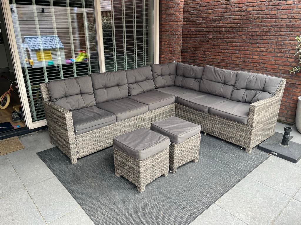 Luxe Loungeset met Kussens en 2x Hocker, Tuin en Terras, Tuinsets en Loungesets, Gebruikt, Verzenden, Meer dan 8 zitplaatsen, Loungeset