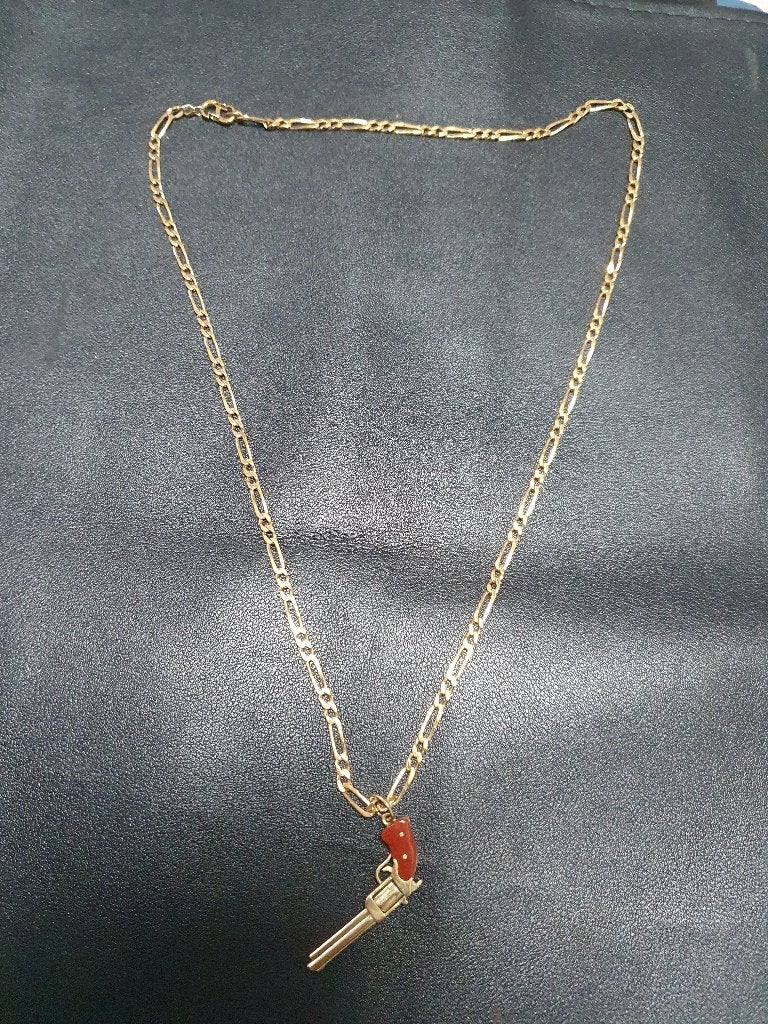 Mooie ketting met handgemaakte revolver 14 kr iets mooi's, Met hanger, Ophalen of Verzenden, Zo goed als nieuw, Goud