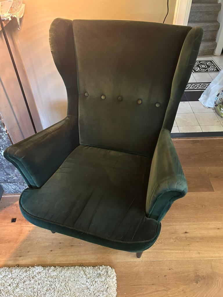 Donkergroene stoffen IKEA Strandmon fauteuil, Ophalen, Gebruikt, 75 tot 100 cm, 50 tot 75 cm