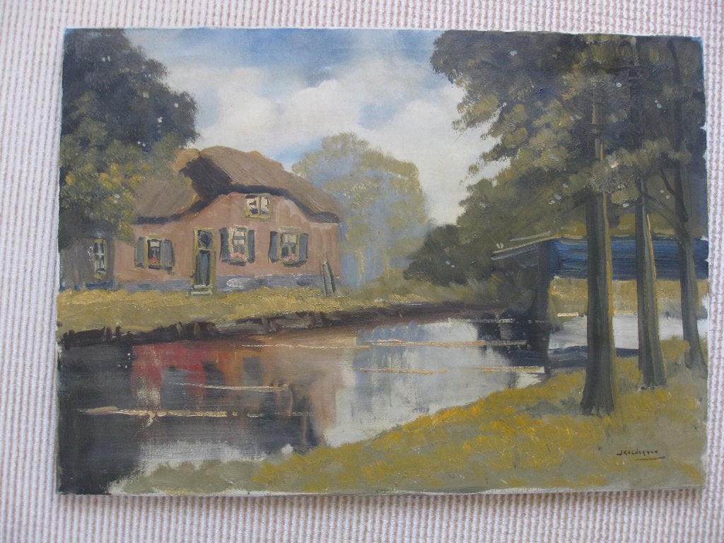 J. Kelderman. Boerderij aan het water, olieverf op doek., Ophalen, Gesigneerd