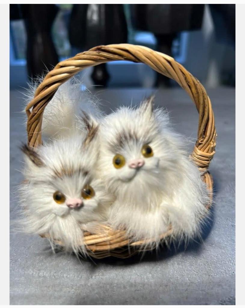 2 schattige poesjes in mandje, hoogte mandje 9 cm x 9,5 cm, Ophalen of Verzenden, Zo goed als nieuw, Dier