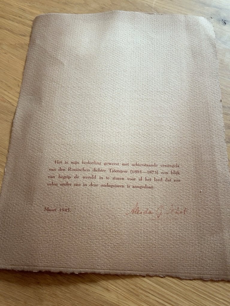 Zeldzame rijmprent Tranen Tjoetsjew Aleida Schot 1945, Ophalen of Verzenden, Overige onderwerpen, Tweede Wereldoorlog, Gelezen