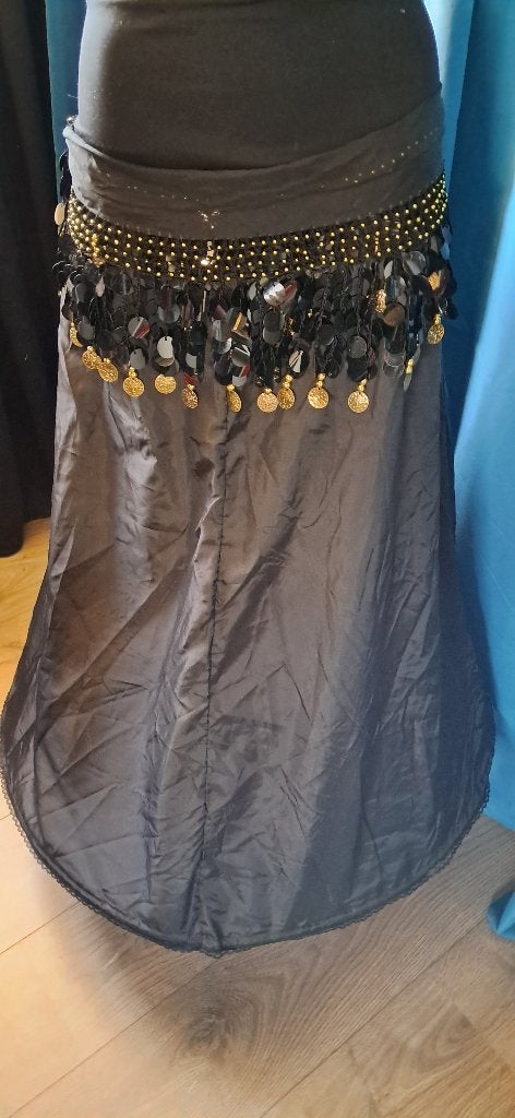 Zwarte buikdanssjaal  met gouden munten en pailletten, Verzenden, Maat 42/44 (L), Accessoires, Overige thema's