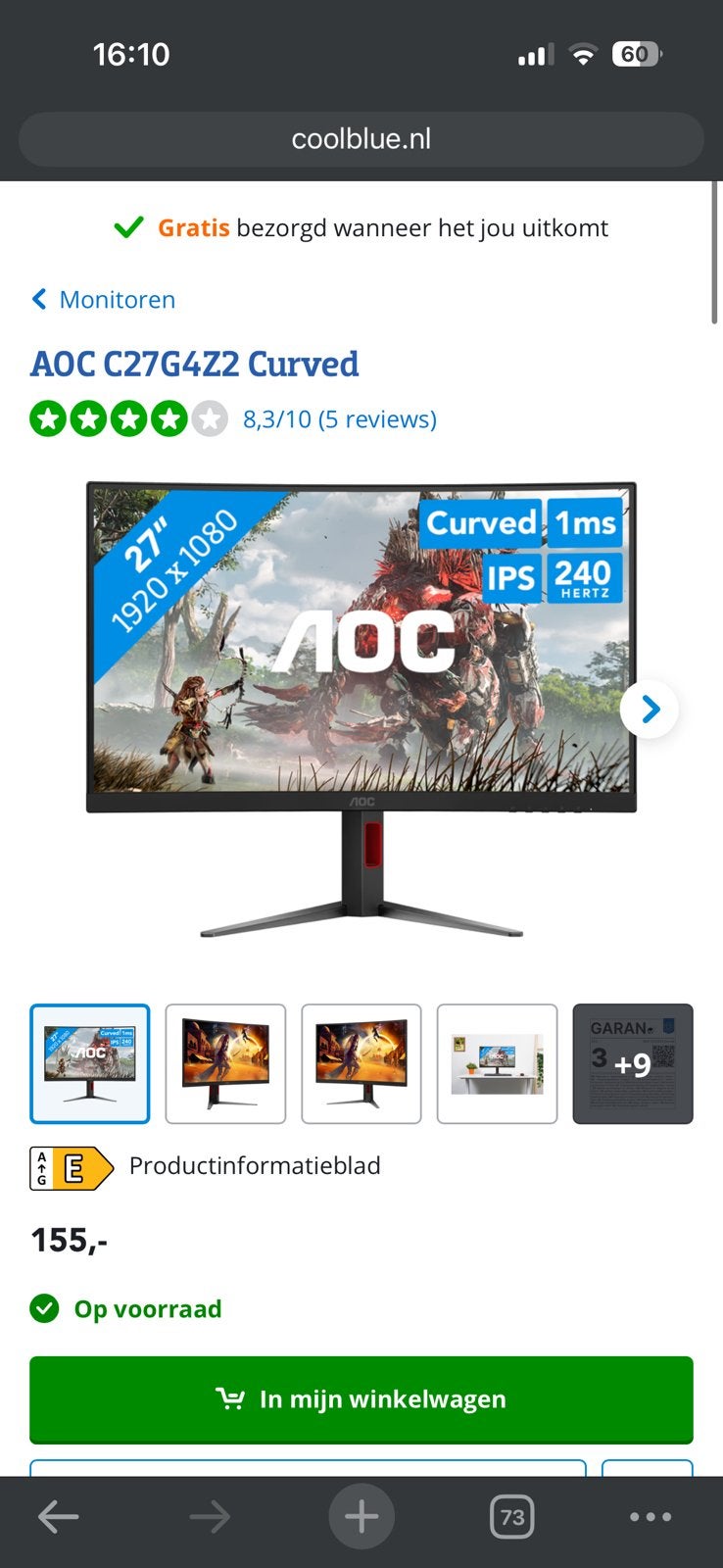 240 hz monitor AOC, Audio, Tv en Foto, 50 Hz, Zo goed als nieuw, 100 cm of meer, Ophalen