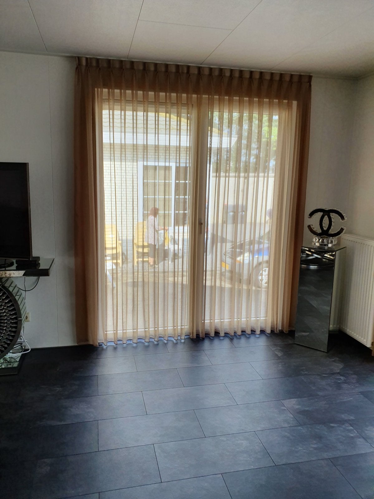 Vitrage taupe 150 breedte 249 hoogte, Ophalen of Verzenden, Zo goed als nieuw, Vitrage