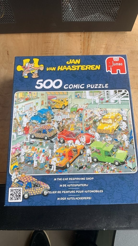 Jan van Haasteren Jumbo Puzzel In de Autospuiterij  CS27249, Ophalen of Verzenden, 500 t/m 1500 stukjes, Gebruikt, Legpuzzel