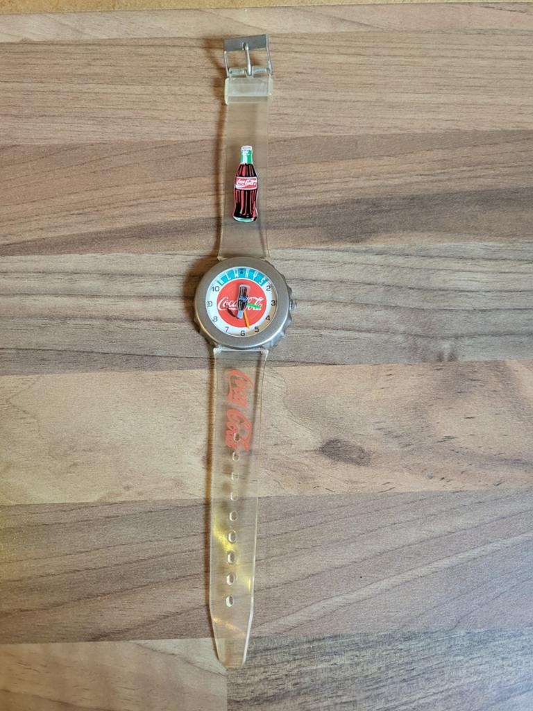 Vintage Coca-Cola Polshorloge - Transparant Bandje, Ophalen of Verzenden, Polshorloge, Overige merken, 1960 of later