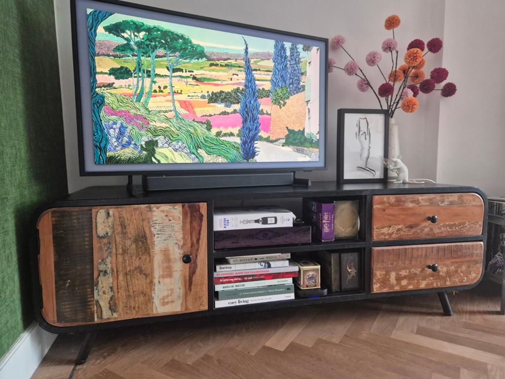 Industrieel TV meubel mangohout en staal Giga Meubel, Huis en Inrichting, Ophalen, 150 tot 200 cm, Zo goed als nieuw, Minder dan 100 cm