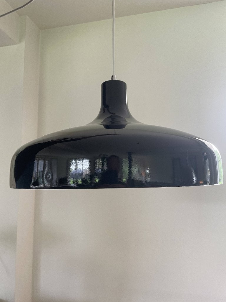 Originele Deense Vintage Hanglamp – Zwart Metaal / Glas, Gebruikt, Ophalen of Verzenden, Glas, E14 (klein)