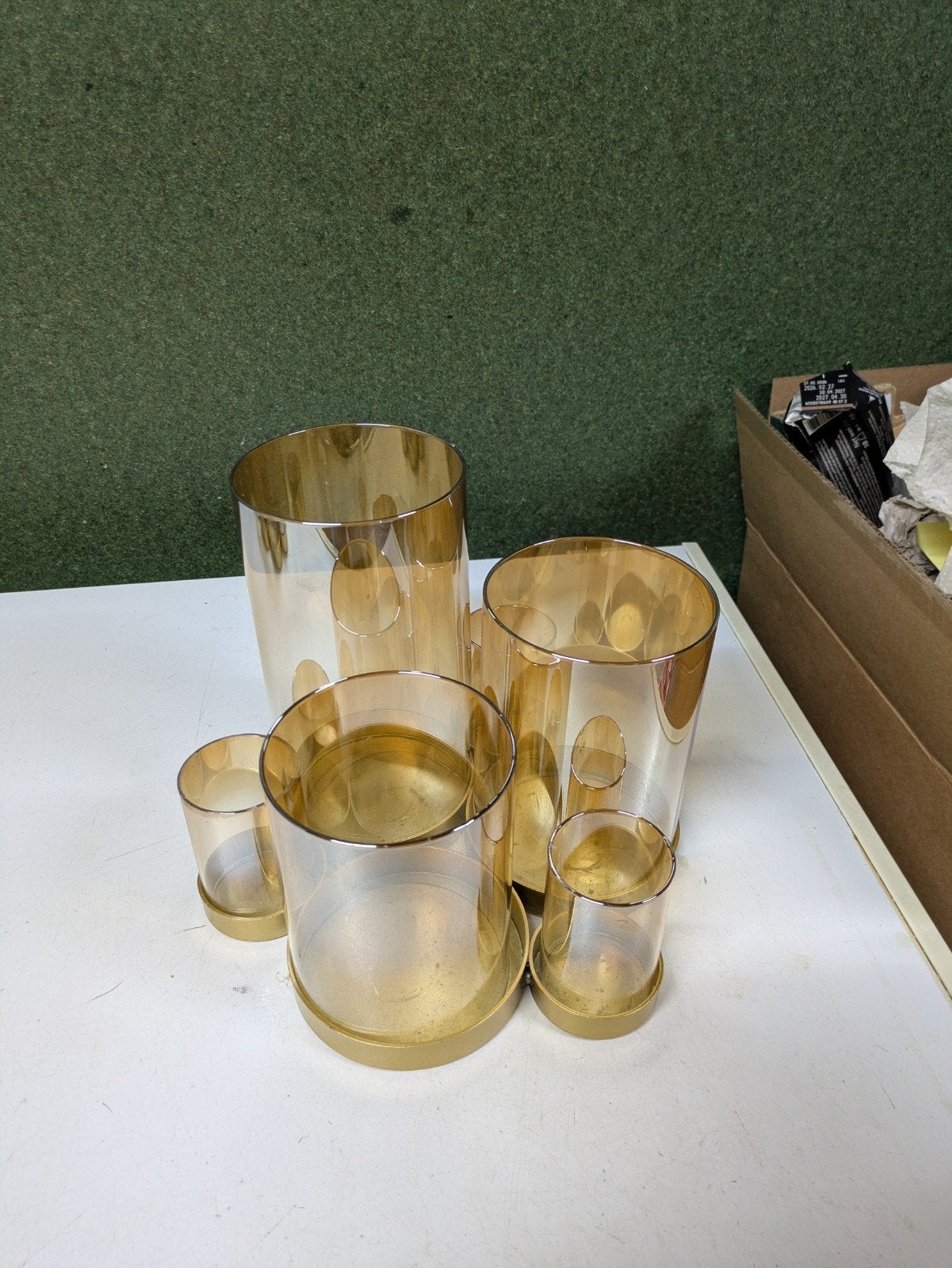 Windlicht set met 6 glazen kapjes - Goud/Brons, Huis en Inrichting, Ophalen, Windlicht, Gebruikt, Glas