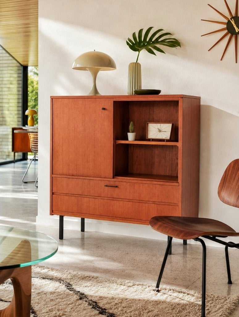 Prachtige vintage teakhouten (bar/vitrine) kast, Ophalen, Teakhout, 50 tot 100 cm, Zo goed als nieuw