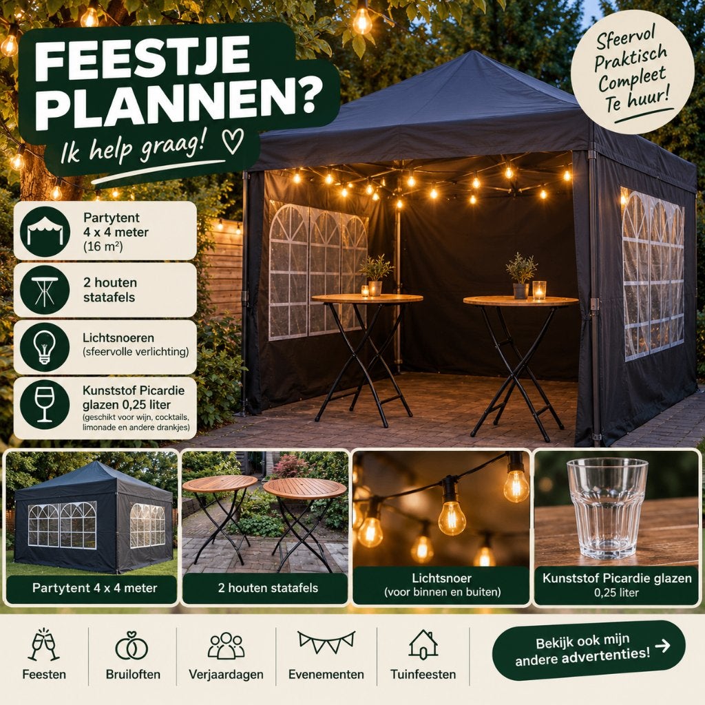 TE HUUR - Partytent 4x4 meter, Gebruikt, Opvouwbaar, Partytent, 4 tot 6 meter