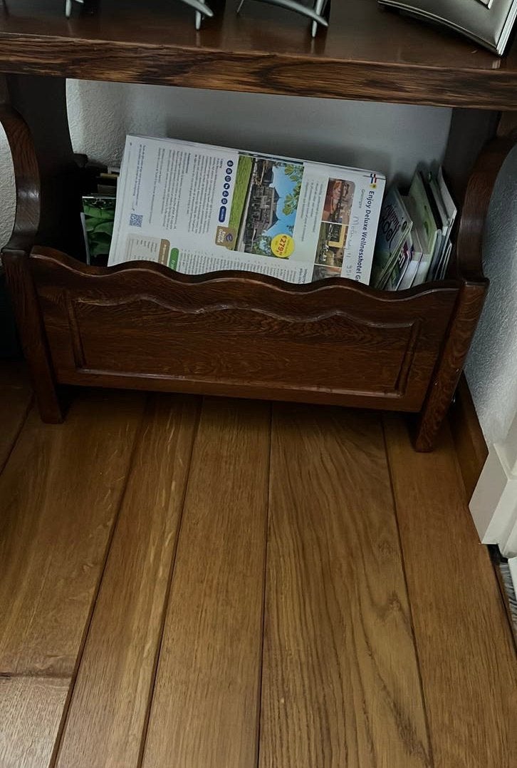 Antieke houten tijdschriftenhouder/bijzettafel, Ophalen, Gebruikt