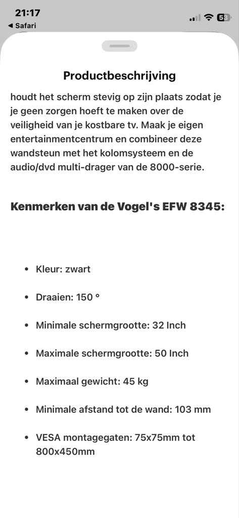 Vogel's EFW 8345 TV Beugel Zwart - Draaibaar, Ophalen of Verzenden, Gebruikt