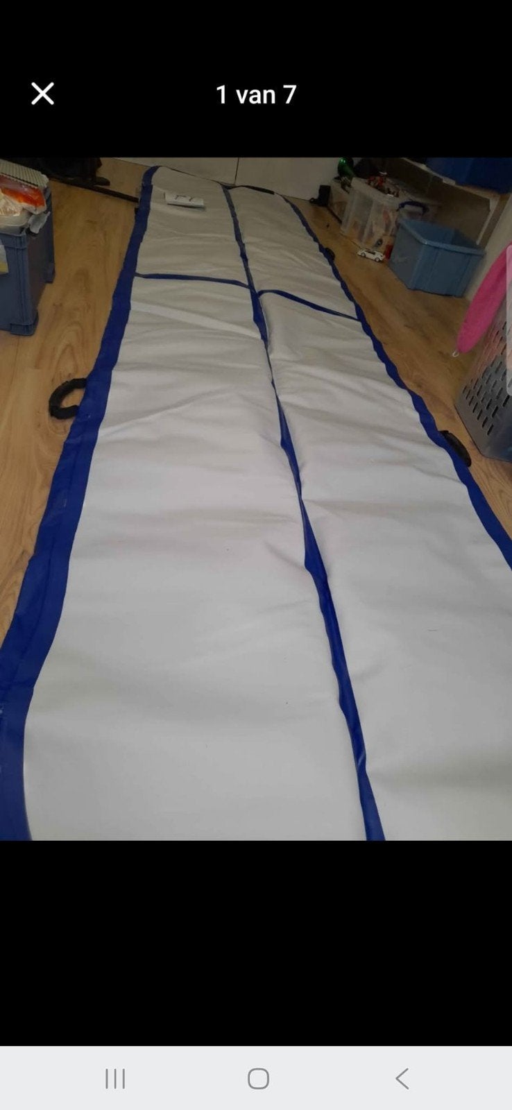 Airtrack 1 bij 4 meter + opblaas pomp en bescherm tas, Ophalen, Zo goed als nieuw, Wit, Materiaal