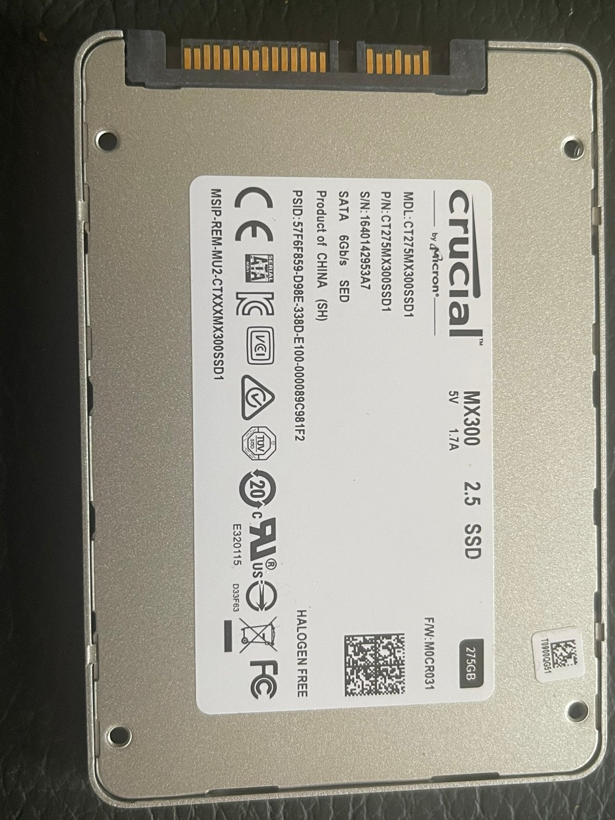 Crucial MX300 275GB 2,5” SATA SSD CrystalDiskInfo Aanwezig, Ophalen of Verzenden, Zo goed als nieuw, Laptop