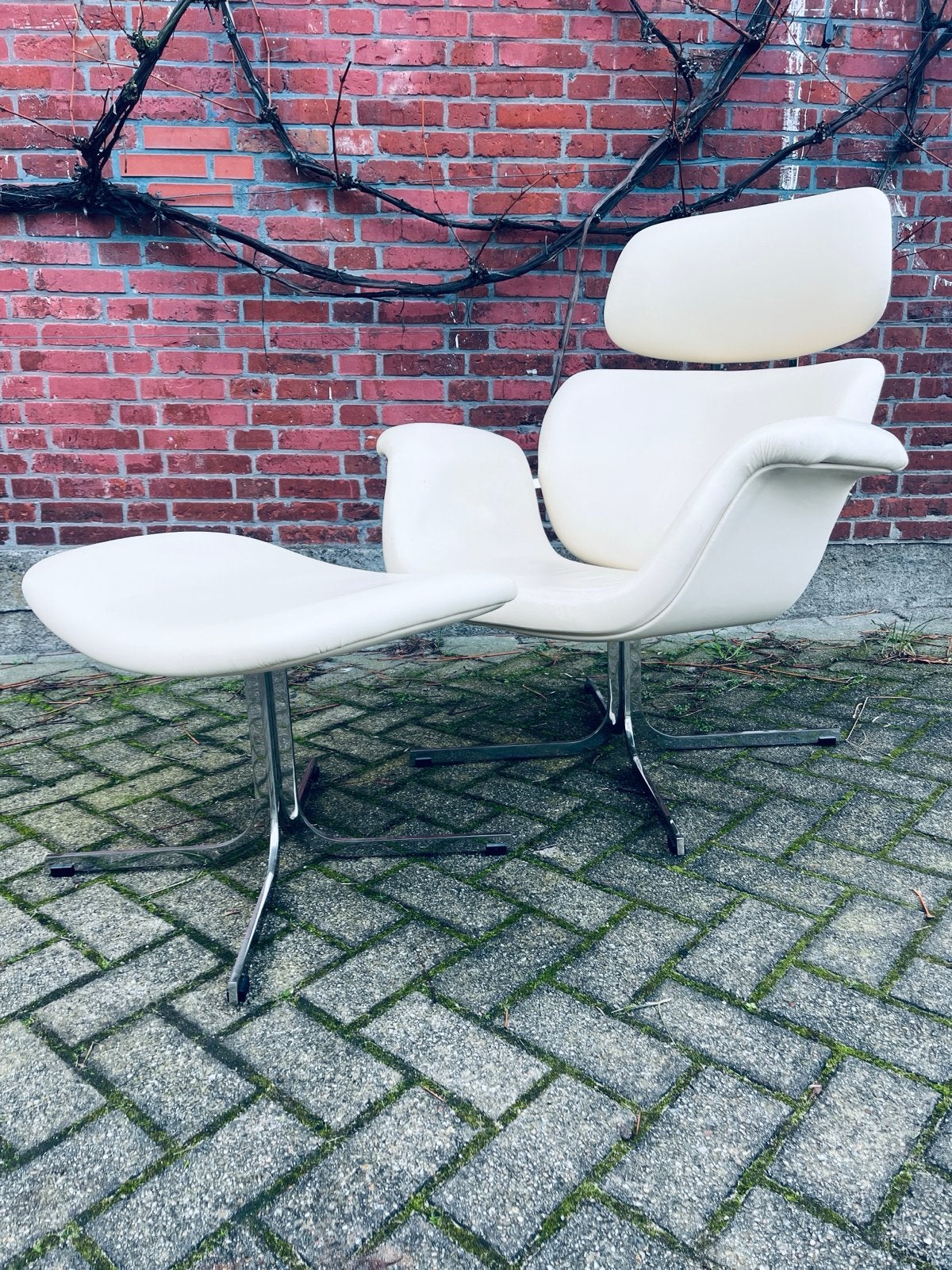 Vintage Artifort F510 fauteuil met poef, Pierre Paulin, Huis en Inrichting, Gebruikt, Wit, Leer, Ophalen of Verzenden