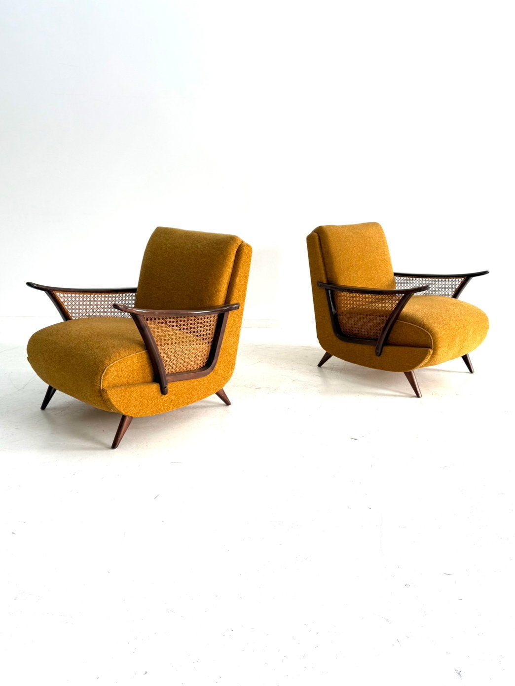 Set van 2 vintage fauteuils, jaren ‘60, Hout, Vintage retro buisframe design rotan webbing papercord deens, 75 tot 100 cm, Ophalen of Verzenden