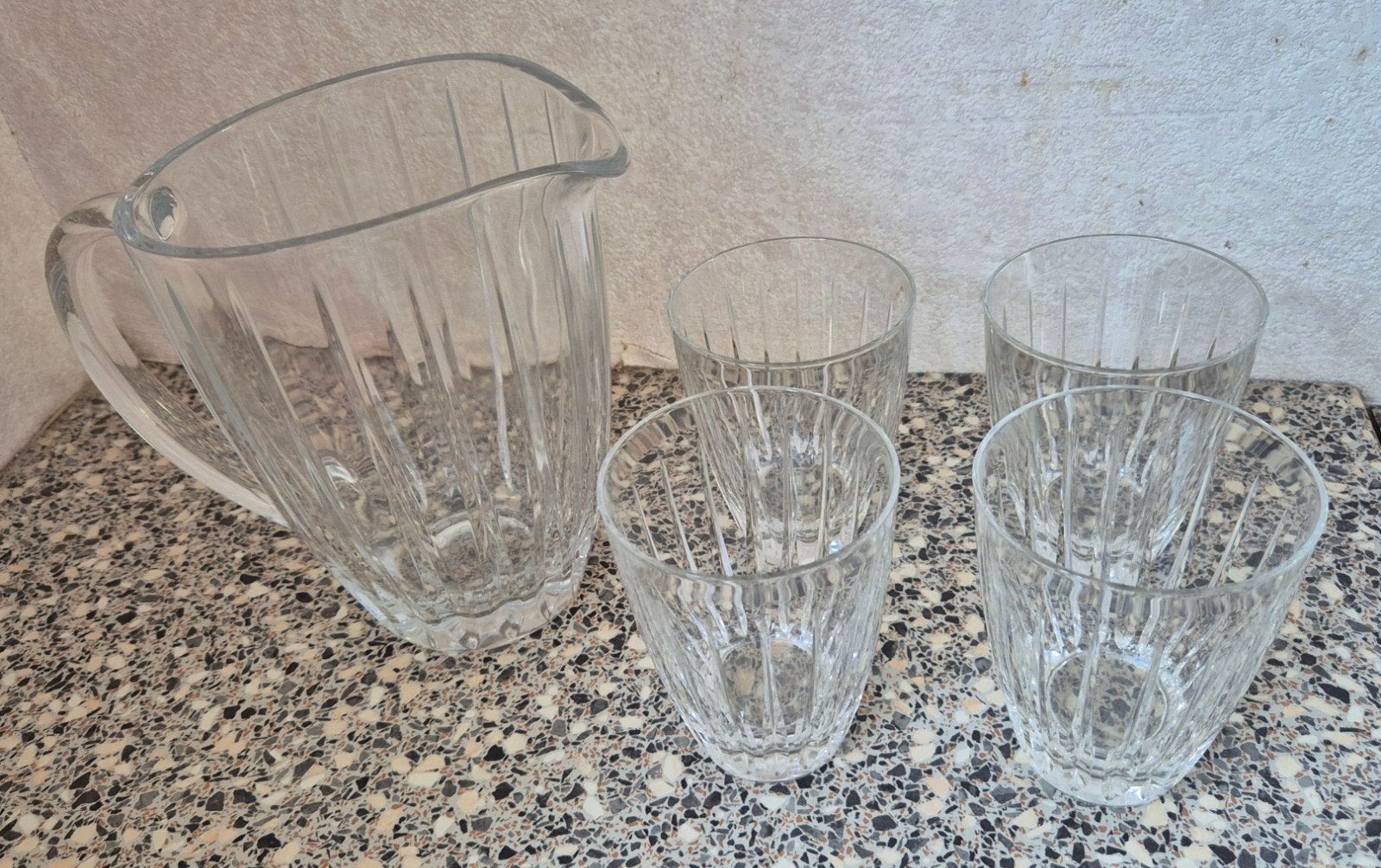 Wedgwood schenkkan + 4 waterglazen, Ophalen, Zo goed als nieuw, Glas, Wedgwood