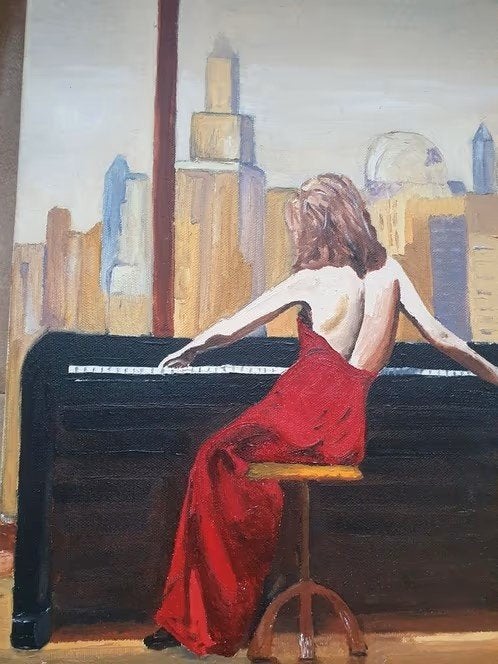 modern vrouw achter piano met skyline stad PSJA van Langen, Ophalen