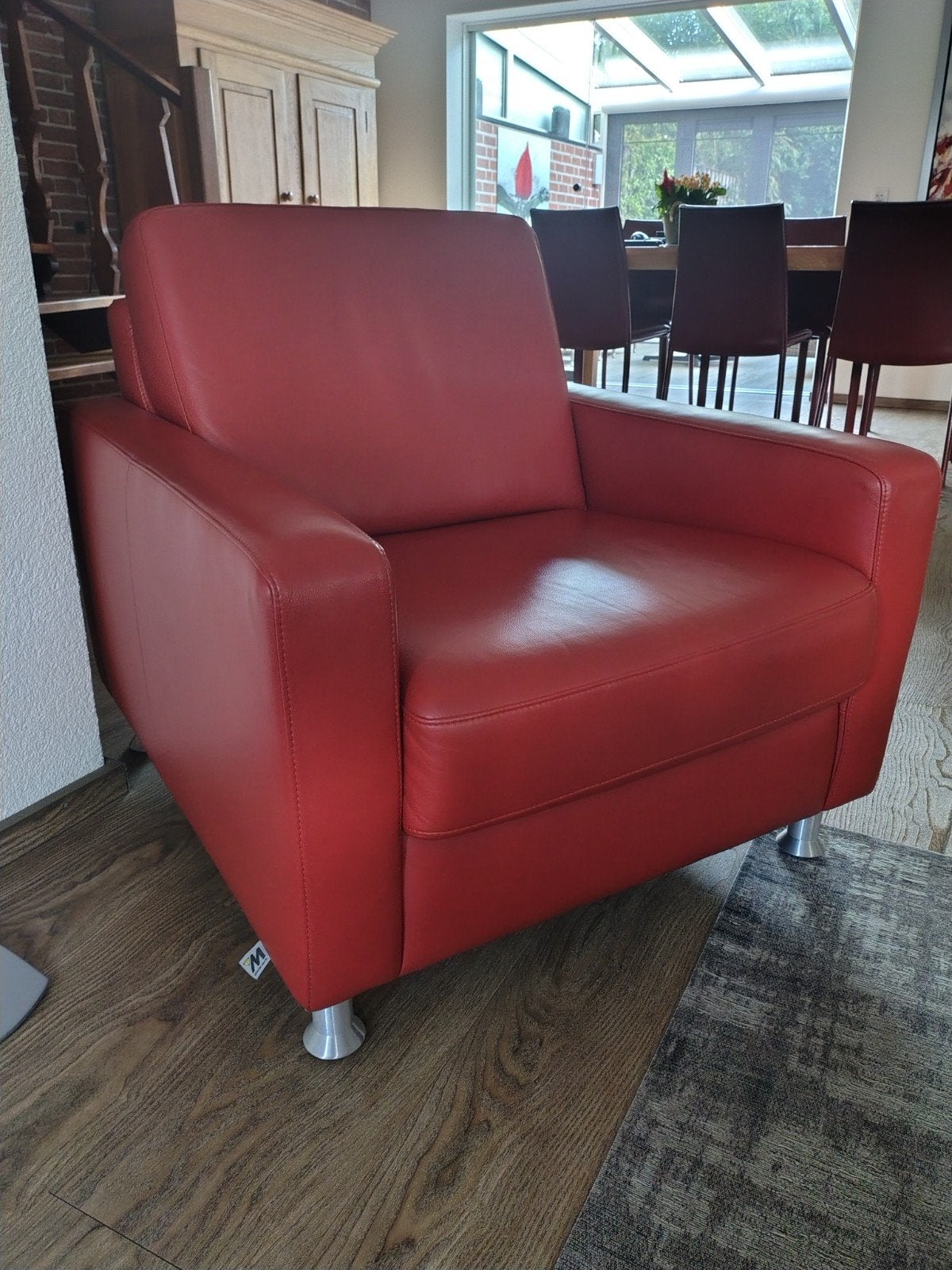 Montel fauteuil - Rood leer met RVS poten, Ophalen, Gebruikt, 75 tot 100 cm, 75 tot 100 cm