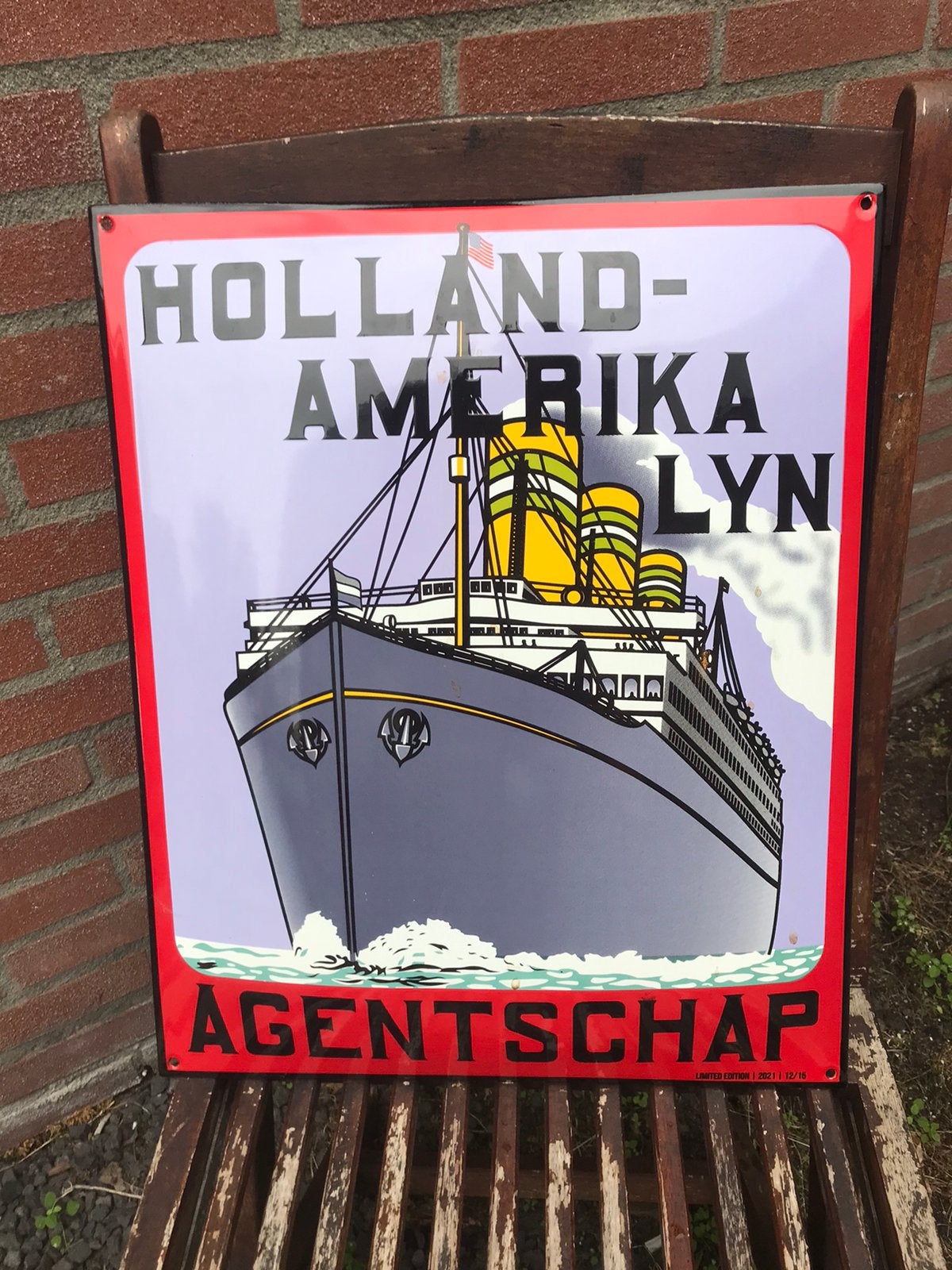 Holland Amerika lijn emaille reclamebord, Ophalen of Verzenden, Gebruikt, Motorboot of Zeilboot, Kaart, Foto of Prent