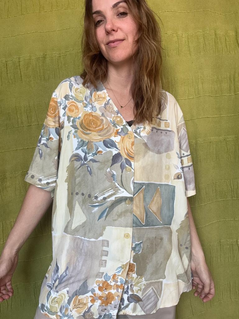 Vintage blouse / shirt - print - oversized - 90s - 42/XL, Kleding | Dames, Blouses en Tunieken, Gedragen, Geel, Ophalen of Verzenden