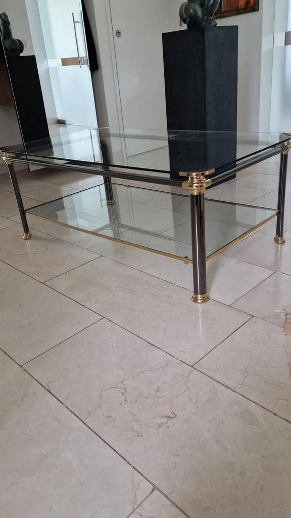 Set van 3 glazen salontafels met messing accenten, Huis en Inrichting, Tafels | Salontafels, Gebruikt, Minder dan 50 cm, 50 tot 100 cm
