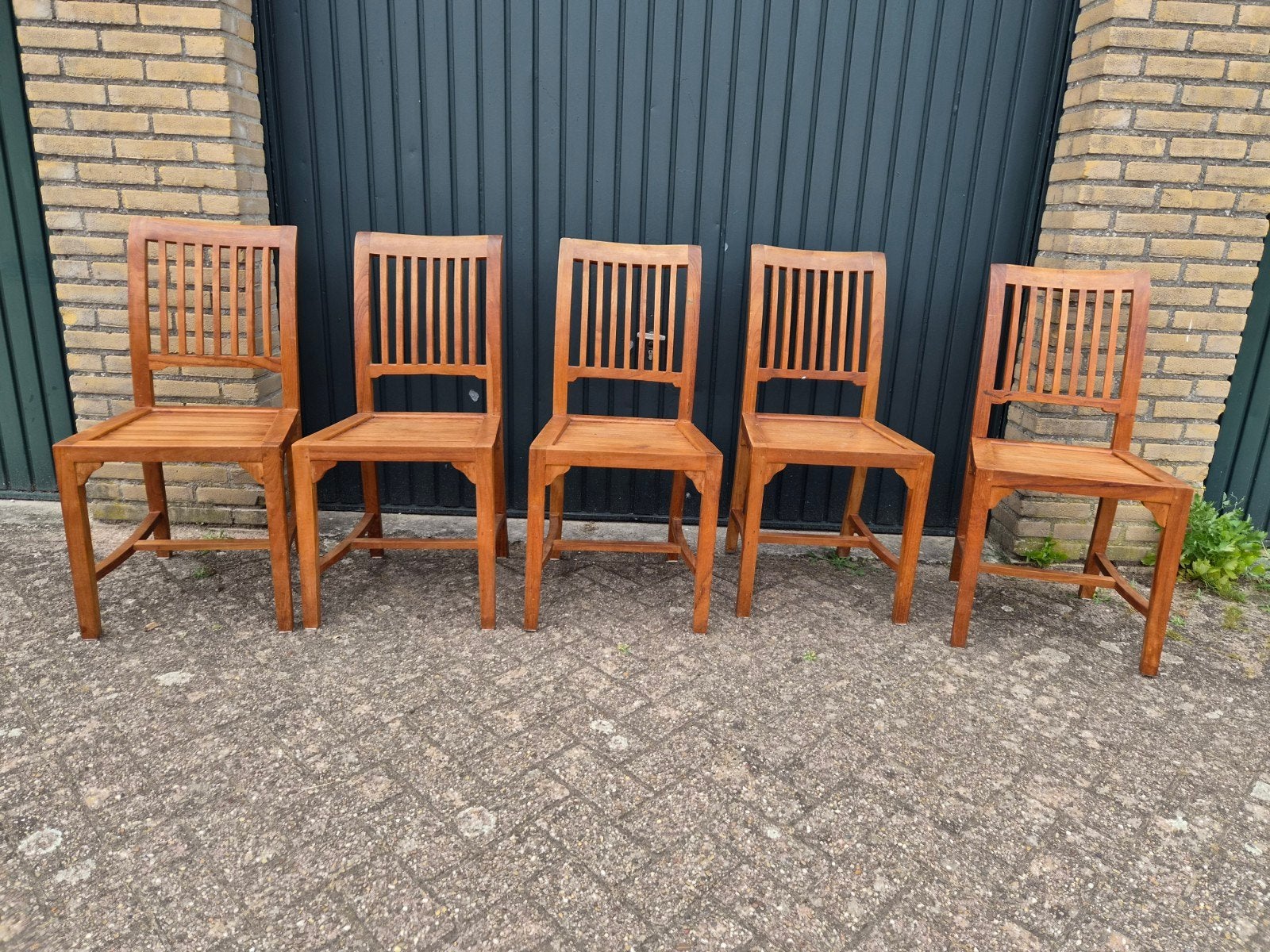 Set van 5 Teakhouten Eetkamerstoelen, Huis en Inrichting, Stoelen, Ophalen, Gebruikt, Bruin, Vijf, Zes of meer stoelen