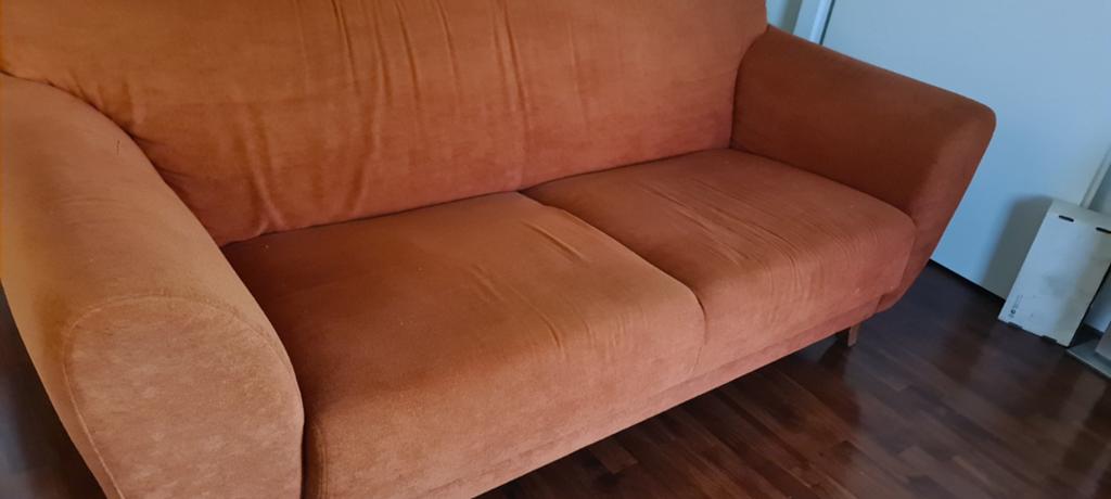 Comfortabele oranje tweezitsbank, Ophalen, Gebruikt, 150 tot 200 cm, Tweepersoons
