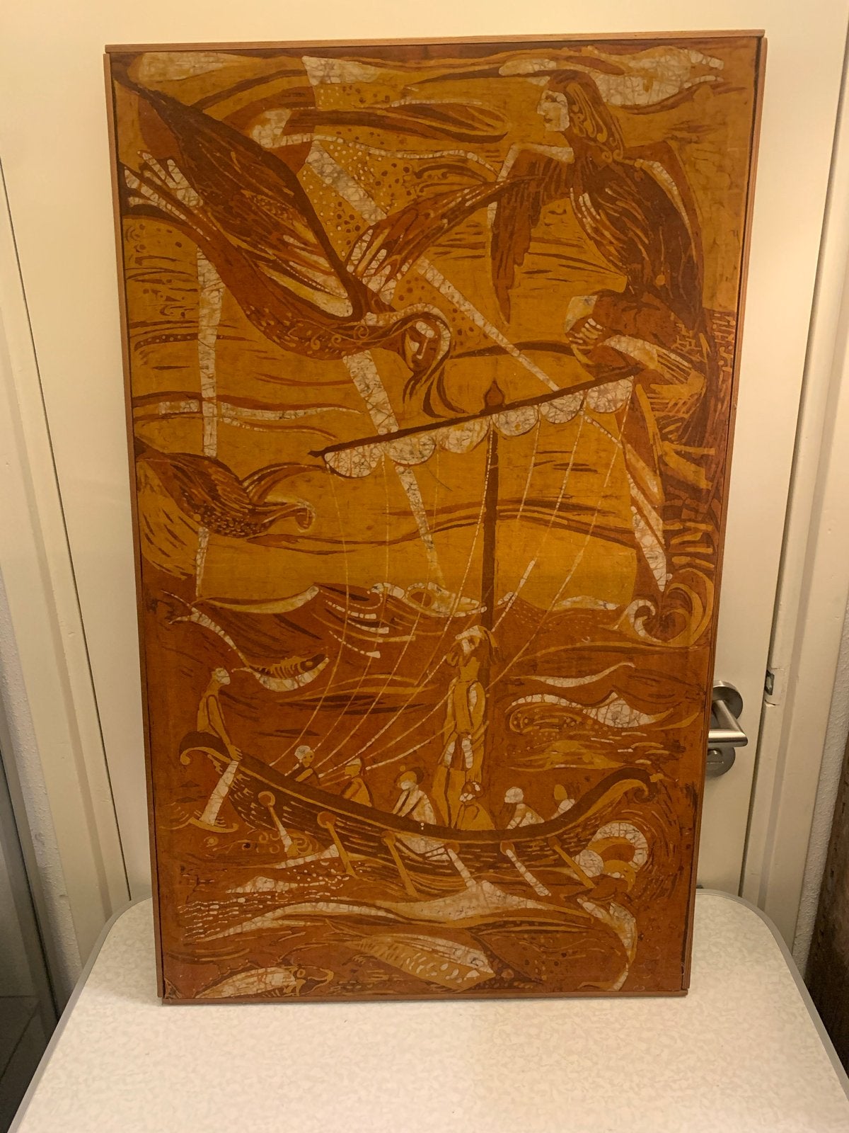 Batik schilderij: Maritiem tafereel met figuren, Antiek en Kunst, Maritiem / water, Doek, Ophalen of Verzenden, Klassiek