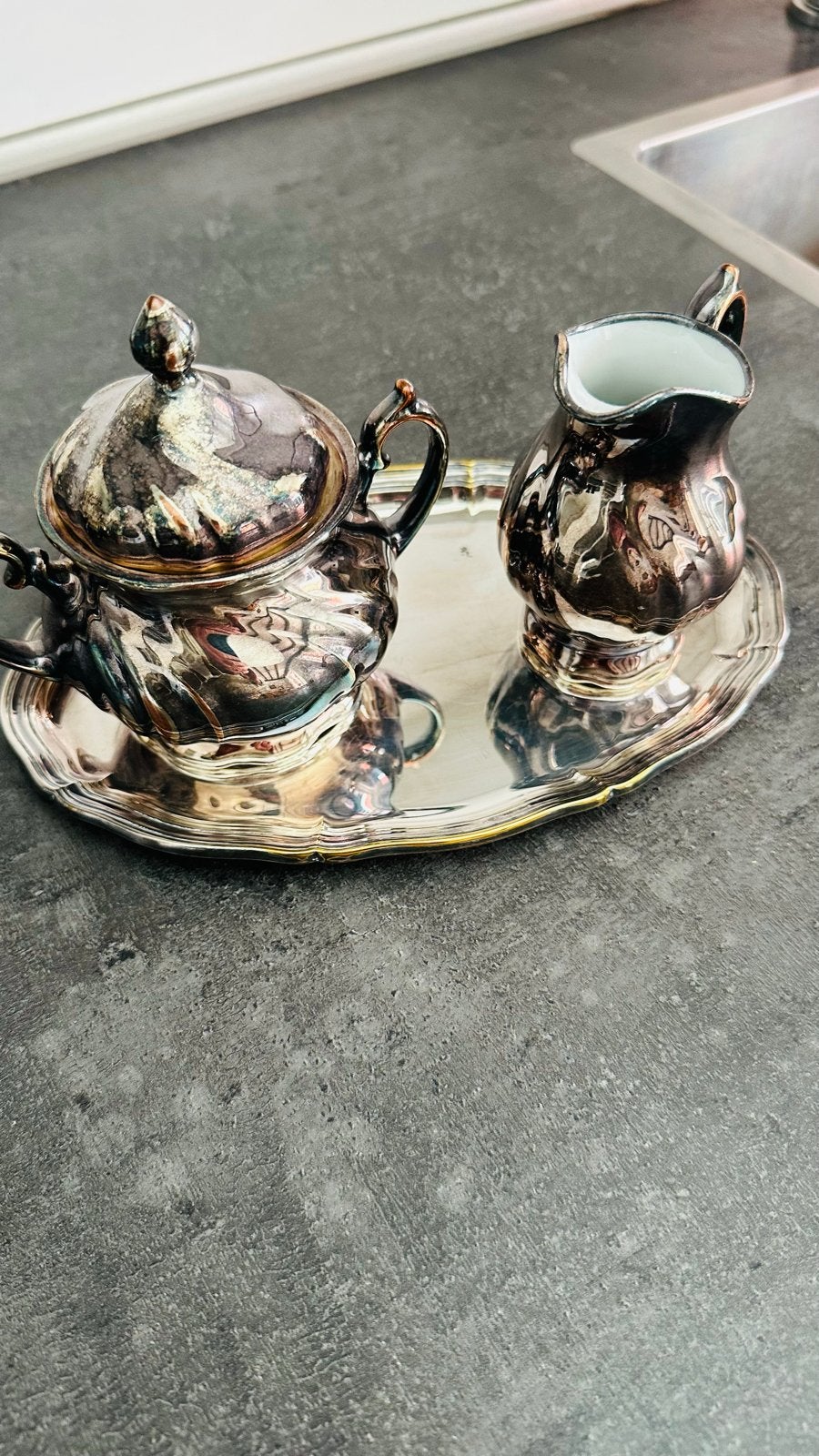 Vintage verzilverde suikerpot, melkkan en dienblad, Antiek en Kunst, Ophalen of Verzenden, Zilver