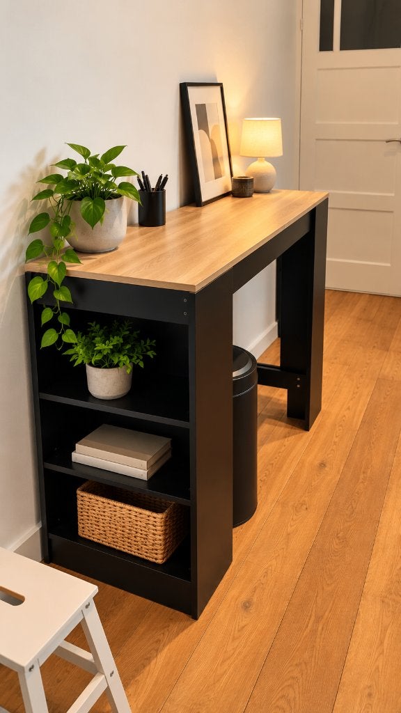 Zwarte sidetable / bureau met houtlook blad en opbergruimte, Ophalen, Zo goed als nieuw